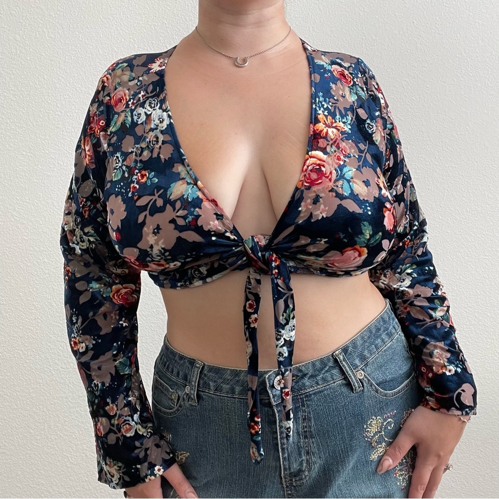 PAPER CLOSET Navy Blue Velvet Floral Semi Sheer Boho V Neck Waist Tie Blouse